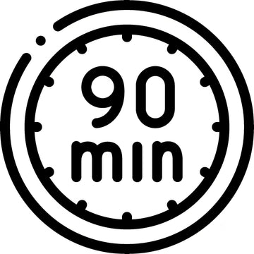 Black circular timer icon displaying ’90 min’ in bold numerals.