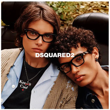 Black framed eyeglasses with a modern, angular design