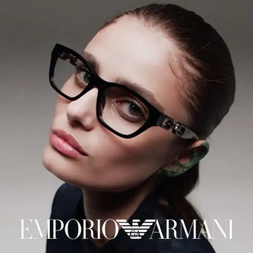 Black rectangular-framed glasses with a metallic eagle logo on the temple, featuring an emporio armani brand design.