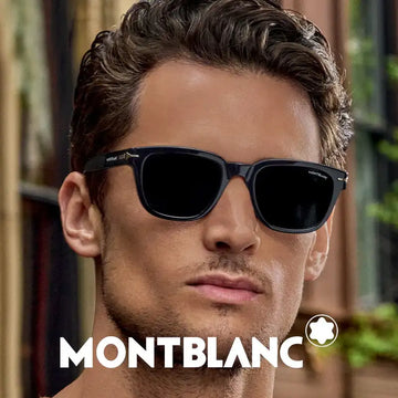 Black rectangular-framed sunglasses with a sleek, modern design and the montblanc logo subtly engraved on the temples.