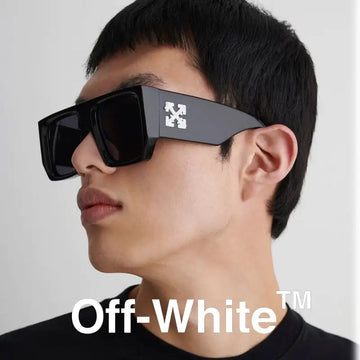 Black rectangular sunglasses with a matte gray temple featuring the off-white™ logo in white.