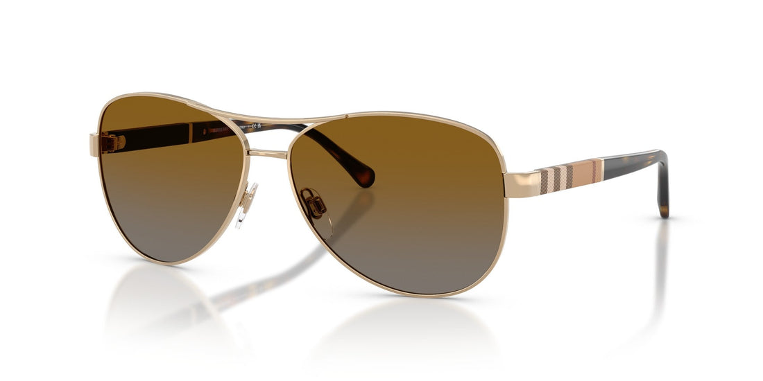 Burberry BE3080 women's pilot sunglasses, light gold frame, polarised brown gradient lens – front view
