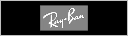 Ray-ban logo in white cursive script on a gray rectangular background.