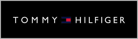Tommy hilfiger logo with white lettering and a red, white, and blue flag emblem on a black background.