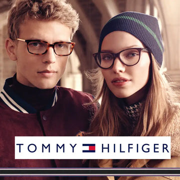 Tortoiseshell-framed eyeglasses with a classic rectangular design, worn by a man in the advertisement.