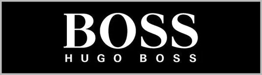 White ’boss’ logo with ’hugo boss’ in smaller text beneath, set against a black background.