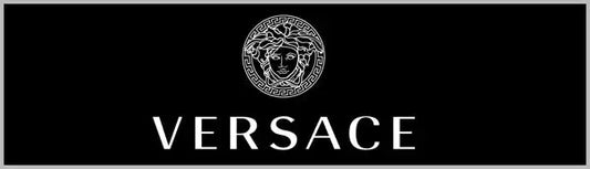 White versace logo featuring a circular medusa head emblem above the brand name in bold, uppercase letters.